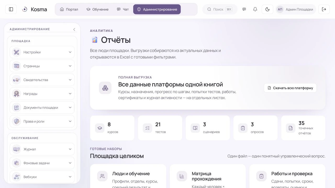 Актуальный раздел отчётов Kosma